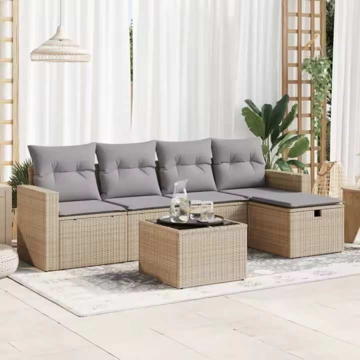 vidaXL Juego de sofás jardín con cojines 6 pzas ratán sintético beige - 1