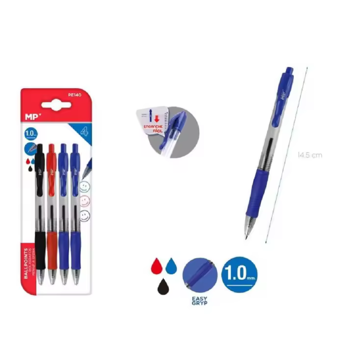 BARAC 4 x Bolígrafos de Punta de 1mm, Blister Pack Ahorro con 4 Unidades de 1 MM, Varios Colores y Surtidos a Elegir, Azul, Negro, Rojo, Verde - 1