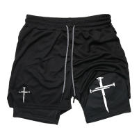 Shorts De Entrenamiento Para Hombre Con Gráfico De Cruz 2 En 1 Running Performance Con Bolsillo Para Teléfono Y Anillo De Toalla Active Wear Polyester - details 5