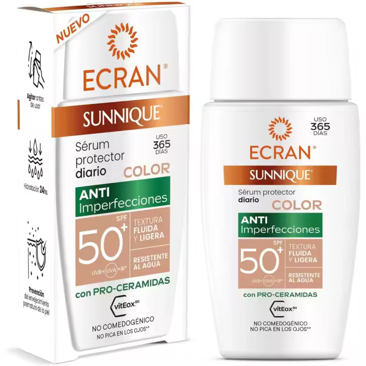 Ecran- Sérum Anti-Imperfecciones - Protección Solar y Cuidado Facial - Sérum Facial Protector con Color - Unifica el Tono y Corrige Rojeces - Textura Ligera - Resistente al Agua - 40 ml - 1