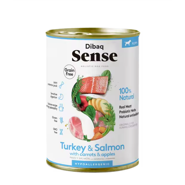 Dibaq Sense Dog puppy, comida húmeda, pavo y salmón, sin cereales, pack 3 uds x 380 gr - 1