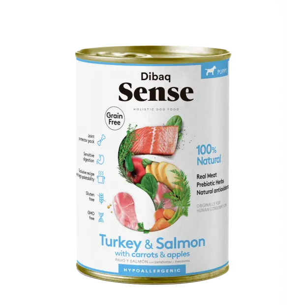 Dibaq Sense Dog puppy, comida húmeda, pavo y salmón, sin cereales, pack 3 uds x 380 gr - 1
