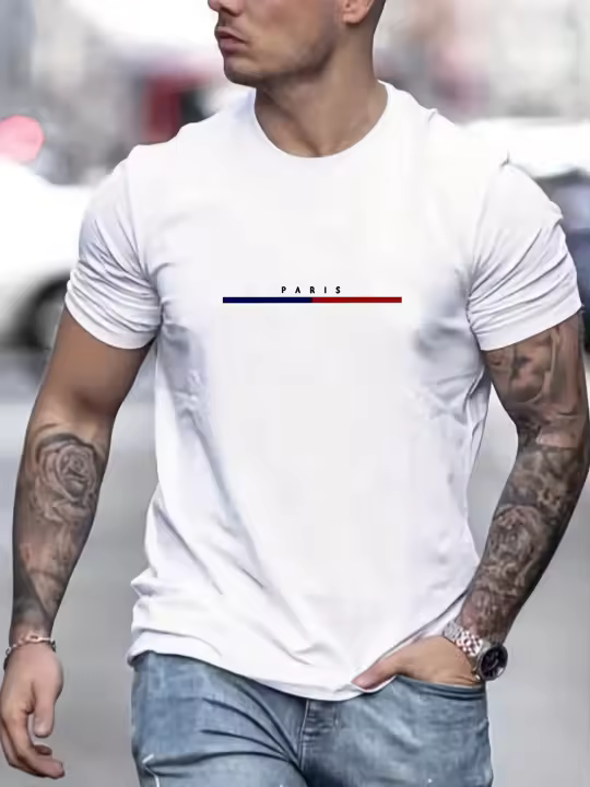 Camiseta De Algodón Puro 100% Para Hombre Estilo Casual Grande Con Impresión De Letras De París Cuello Redondo Manga Corta Top Transpirable Para Primavera Y Verano - 1