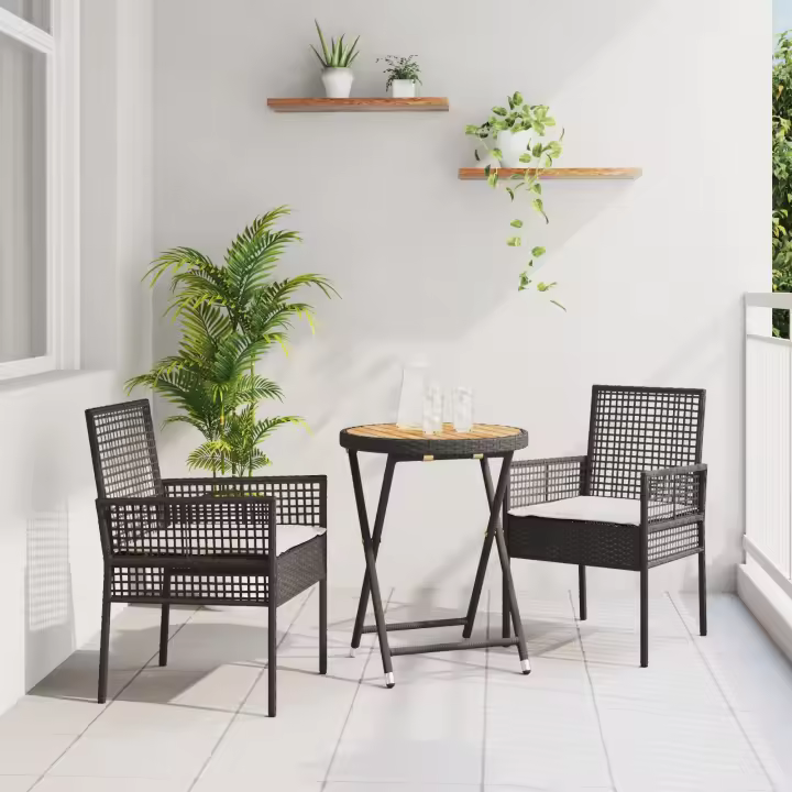 Set de Bistro de Jardín de 3 Piezas con Cojines Ratané Negro - 1