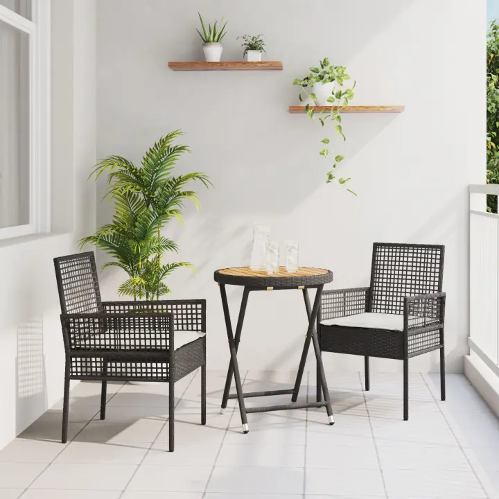 Set de Bistro de Jardín de 3 Piezas con Cojines Ratané Negro - 1