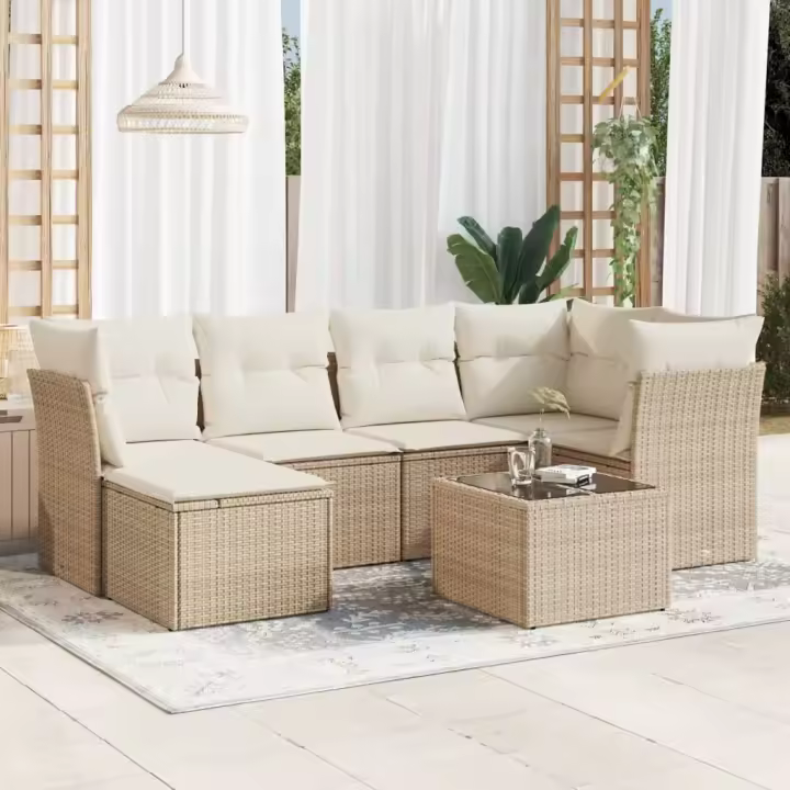 vidaXL Set sofás de jardín 7 piezas y cojines ratán sintético beige - 1