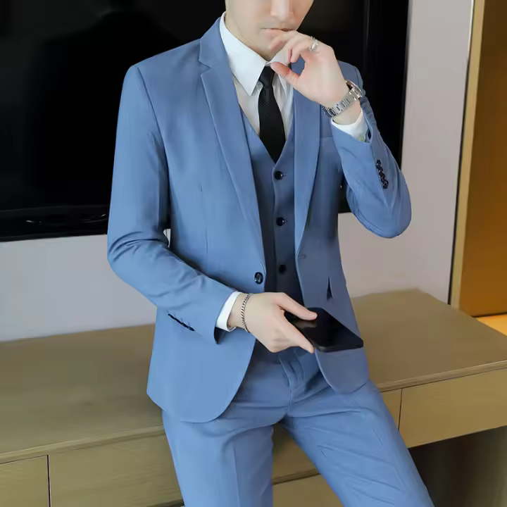 Traje De Tres Piezas Para Hombre De Color Sólido Tendencia Business Con Chaleco Y Pantalones Alta Calidad Conjunto De Moda Para Bodas O Eventos Formales - 1
