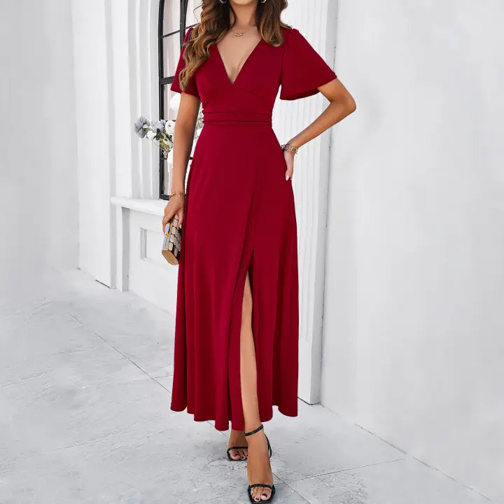 2024 Spring and Summer Pure Color Temperament Slim V-neck Dress - 1