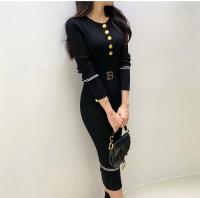 Vestido De Punto Para Mujer Estilo Office Lady Cuello En V Con Botones Y Cinturón Vestido Bodycon De Otoño E Invierno De Marca - details 3