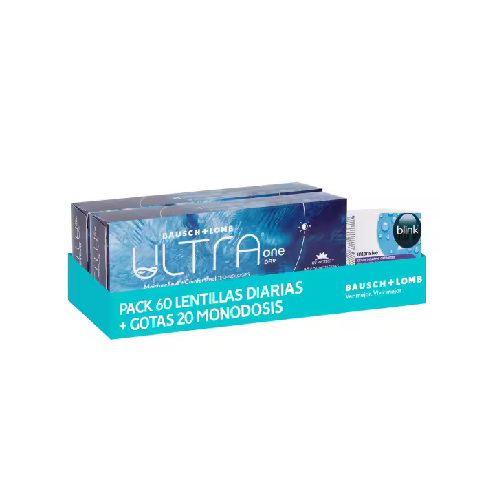 Pack 2X ULTRA ONE DAY - Lentillas Diarias Esféricas (60 Uds) + Blink Intensive Gotas Hidratantes (20x0,4ml) - Compatibles con Lentes de Contacto - 1