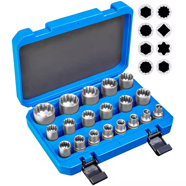 JUEGO DE LLAVES TUBULARES GEAR LOCK - VASOS UNIVERSALES 1/2" METRICOS, TORX, ESTRELLA, HEXAGONALES Y 12 CARAS 19 PIEZAS - 1