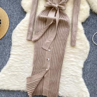Vestido De Punto Para Mujer REALEFT Otoño Invierno Con Cinturón Cuello Polo De Mano Sola Manga Larga Ajuste Cintura Alta Vestido De Trabajo - details 23