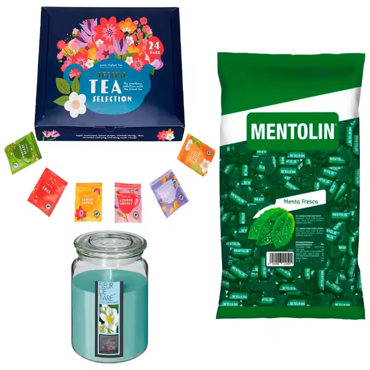 Pack relax: MENTOLIN MENTA FRESCA BOLSA 1KG + Vela perfumada con flor tiare + Set de Te con 24 bolsitas con diferentes sabores y aromas - 1