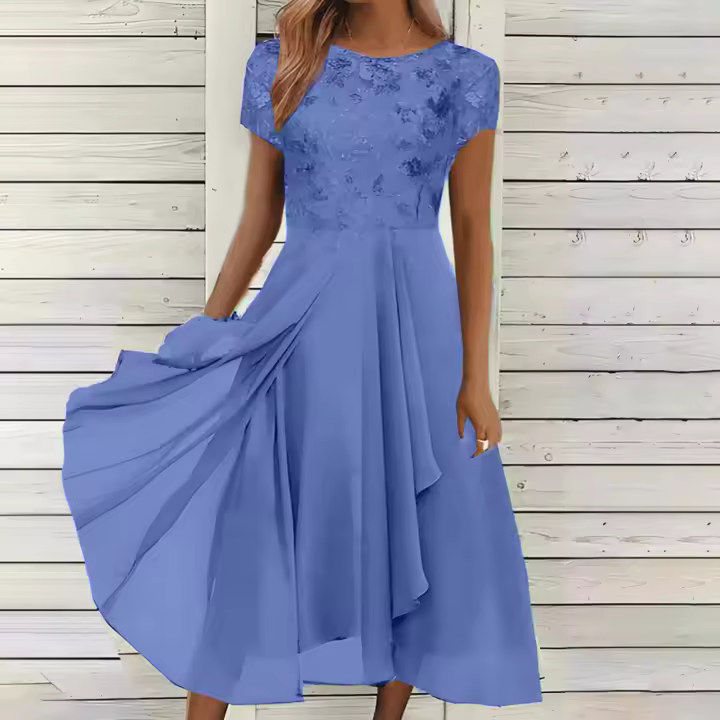 Vestido Elegante De Talla Fina Para Mujer En Chiffon Sólido Con Encaje Y Corte En O-Neck Vestido Largo Corto Con Mangas Vestido De Noche Para Damas Vestido De Novia - 1