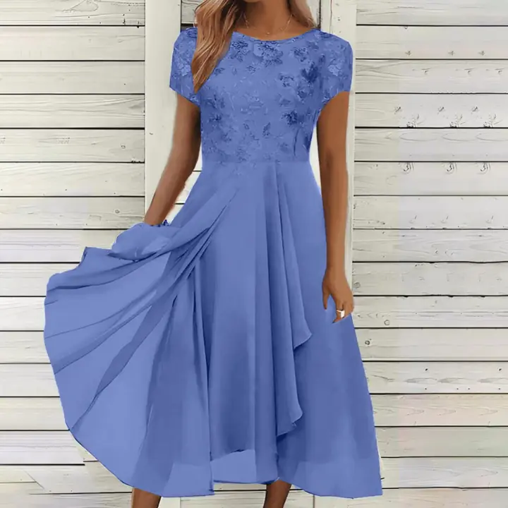 Vestido Elegante De Talla Fina Para Mujer En Chiffon Sólido Con Encaje Y Corte En O-Neck Vestido Largo Corto Con Mangas Vestido De Noche Para Damas Vestido De Novia - 1