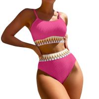 Bikini De Verano Para Mujer Estilo Playa Moda Elegante Con Cintura Alta Y Efecto Delgado Dos Piezas Color Bloqueado Conjunto De Baño Con Suspensión - details 3