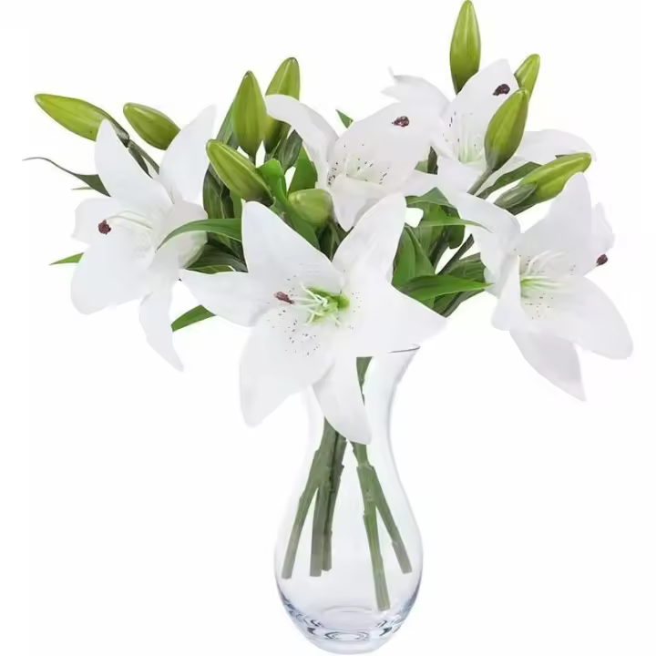 Juego de ramo de flores artificiales de 5 flores artificiales falsas de plástico de lirio para decoración del hogar, boda, campo, cementerio, planta artificial para interior y exterior (blanco) - 1
