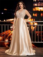 Vestido De Noche Elegante De Talla Grande Con Lentejuelas Para Mujer V-Neck Satén Fiesta Prom Formal De Largo Floor Length - details 4