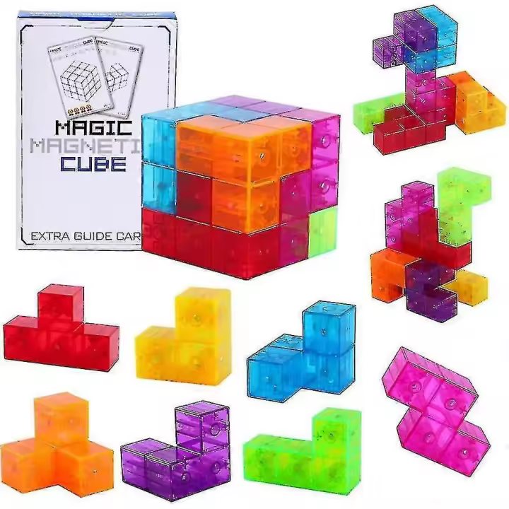 Bloques de construcción magnéticos 3D, cubos magnéticos mágicos, juego de 7 bloques magnéticos multiforma con 54 tarjetas guía - 1