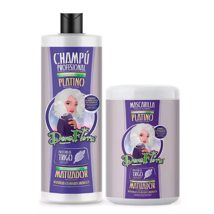 Pack Dona Flora Platino: Champú 1000ml + Mascarilla Capilar 1000ml - Matizador para cabellos rubios, grises o decolorados - Proteína de trigo  - Vendido por Beauty World Distributor - 1