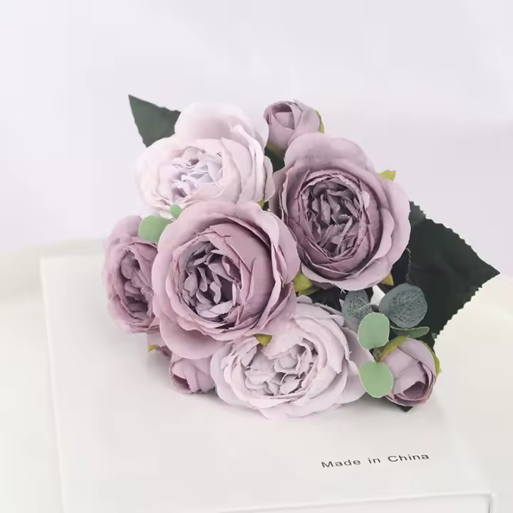 1 Bouquet De Flores Artificiales 9 Cabezas Peonía Y Rosa Té Silken Para Decoración De Hogar Y Boda DIY Para Sala De Estar Jardín - 1