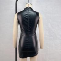 Vestido Mini De Cuero PU Estilo Europeo Y Americano Con Cuello Erguido Y Sin Mangas Pleated Irregular Para Mujer - details 4