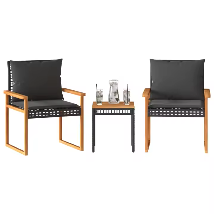 vidaXL Mesita y sillas con cojines 3 pzas ratán PE acacia en color Beige mezcla/Negro | cómodas modernas ergonómicas para comedor cocina salón hogar - 1