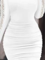 Vestido Casual De Mujer Para Primavera/Verano Con Encaje Spliced Color Sólido Slim Fit Con Manga Larga Y Cuello En Un Solo Hilo Para Comunicación Diaria - details 3