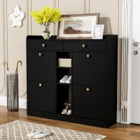 Zapatero Negro Mate Moderno | 4 Puertas Batientes + 2 Cajones + 3 Estantes Abridos| Organización Multinivel | Diseño Compacto 110x26x100 cm | Ideal para Pasillos, Entradas y Espacios Pequeños | Estilo Minimalist Elegant - details 4