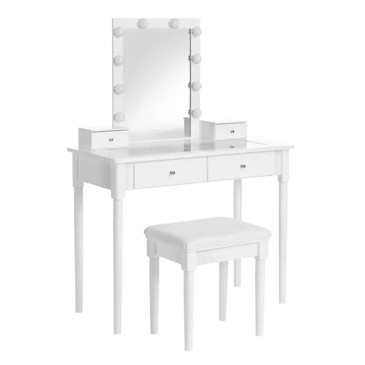 Tocador blanco elegante con espejo y luces led regulables, incluye taburete tapizado, amplio almacenamiento con 2 cajones grandes y 2 pequeños, diseño compacto y estable que ahorra espacio - 1