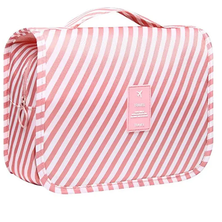 Bolsa de viaje para artículos de tocador, bolsa colgante para artículos de tocador, organizador de maquillaje y cosméticos para mujeres, niñas y niños, impermeable, plegable (rayas rosas) - 1