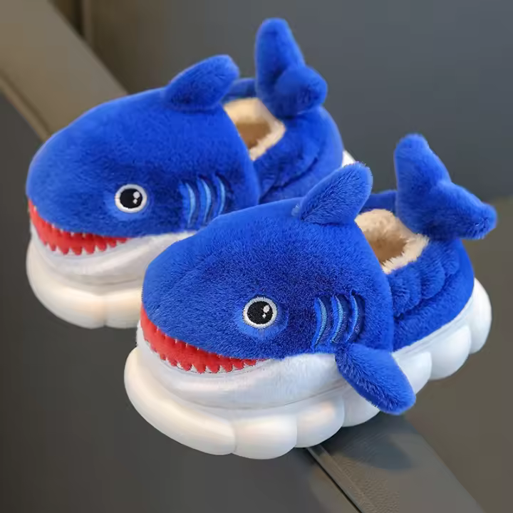 Zapatillas De Invierno Para Niños Y Niñas Con Diseño De Tiburón De Algodón Suave Y No Esmeriladas Zapatos De Casa Cálidos Y Seguros Para Bebés Y Niños - 1