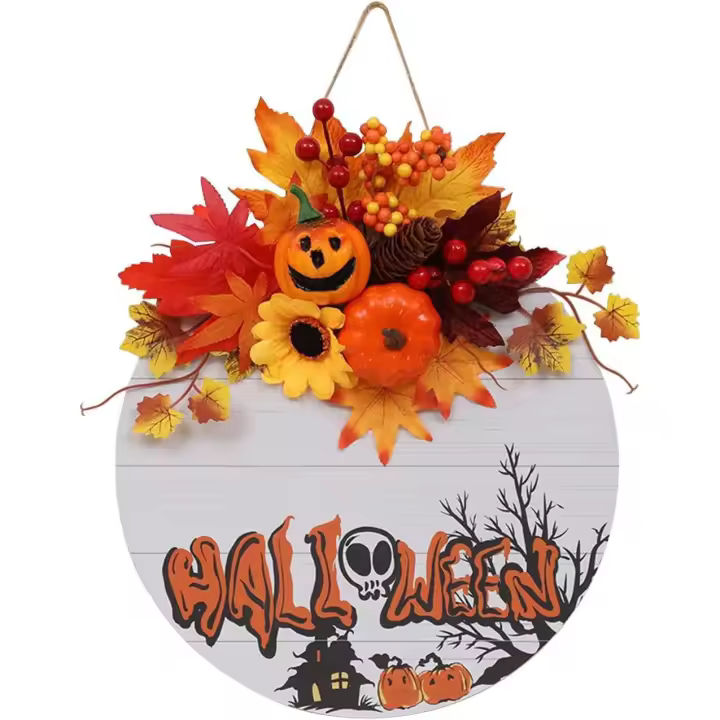 Letrero de bienvenida de calabaza sonriente de Halloween, coronas de hojas de arce pequeñas de 30 cm, decoración con bayas de colores, elegante adorno de guirnalda. - 1