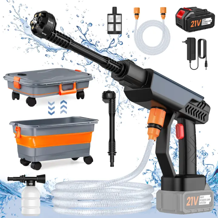 6 en 1 Lavadora de alta presión inalámbrica, pistola de agua pulverizada, boquilla de agua a presión para lavado de coches eléctrica, Con depósito de agua abatible,  máquina de limpieza para batería Makit de 18V - 1