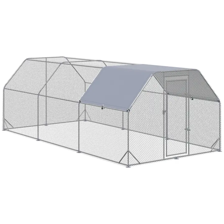 PawHut Gallinero para Exterior Grande de Acero Galvanizado 280x570x195 cm Jaula de Aves de 3 Habitaciones Cubierta de Tela Oxford Resistente a los Rayos UV e Impermeable para Patio Plata - 1