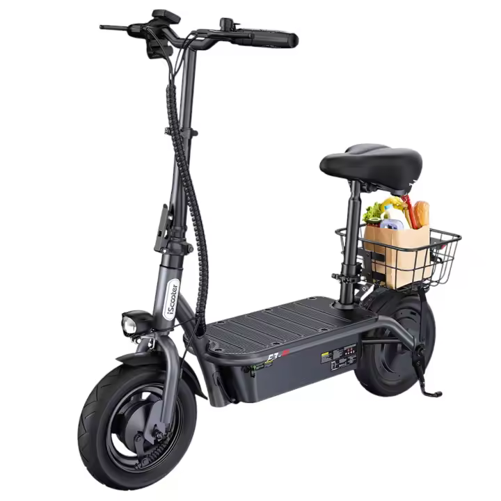Patinetes Electricos Adultos iScooter F3 con Asiento y Cesta Trasera, Motor de 1000W, Batería de 48V 13Ah, Neumático Neumático de 10 Pulgadas, Velocidad Máxima de 45km/h, Alcance de 60km, Freno de Tambor Delantero y Trasero, Carga Máxima de 120kg - 1