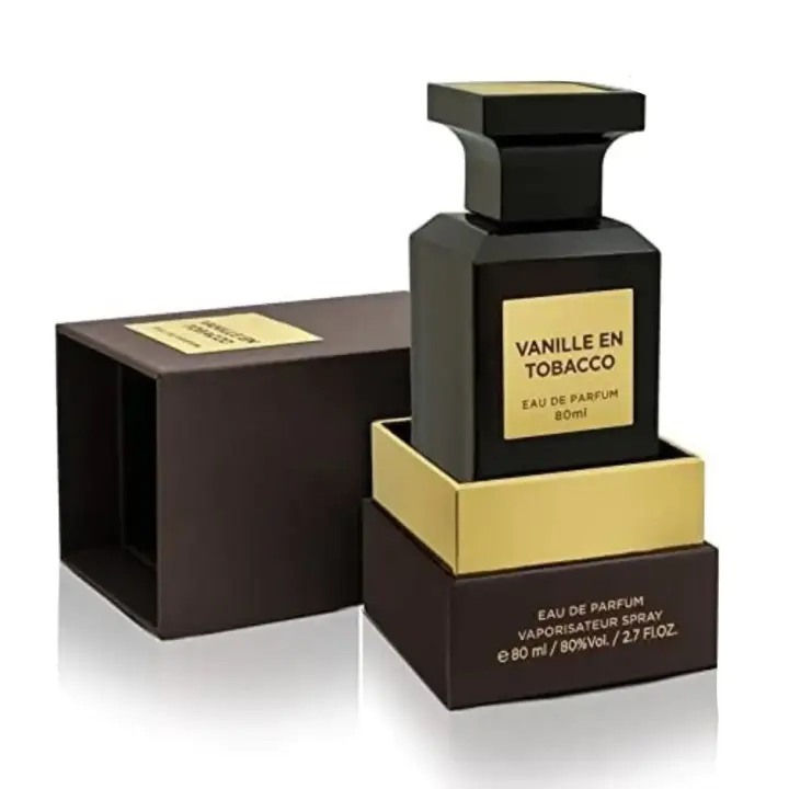 Perfume arabe unisex Vanille En Tobacco Fragance World 80ml, Fragancia para hombre y mujer amaderada, duradera, delicada, sofisticada, Colonia femenina y masculina oriental NOVEDAD - 1