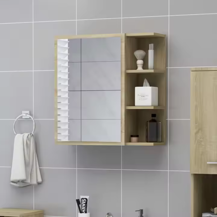 vidaXL Armario espejo baño contrachapada 62,5x20,5x64 cm en color Gris hormigón/Roble ahumado/Roble artisan y más | almacenamiento funcional diseño moderno para baño dormitorio sala - 1