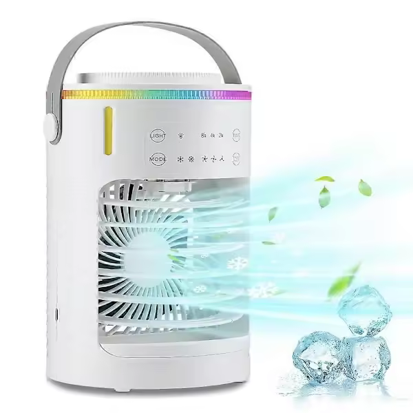 Aire acondicionado portátil, ventilador, refrigerador evaporativo recargable de 3 velvidades, temporizador de 2 a 8 horas, mini ventilador de enfriamiento con Luz LED de 7 Colores. - 1