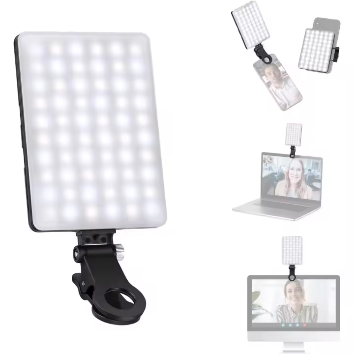 Luz selfie con clip de teléfono delantero y trasero, alta potencia 60 LED 2000mAh recargable CRI 95 +, 3 modos de luz, clip portátil en luz para tableta/portátil - 1
