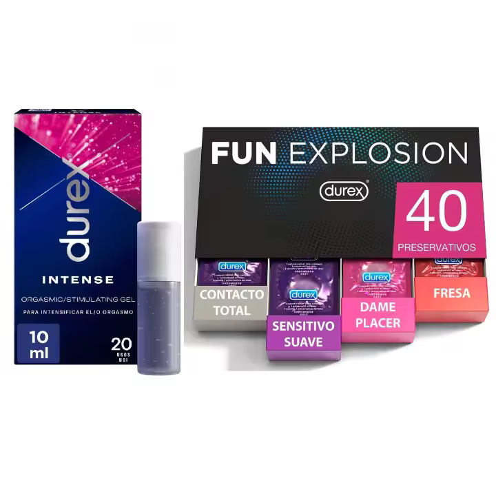 Durex - Lote Fun Explosion, Pack 40 Preservativos + Gel Intense Orgasmic Estimulador del Clítoris, 10 ml - 1