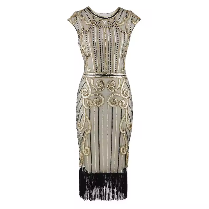 Women Fancy Dress Retro 1920s Style Flapper Dress Sequin, Round Neck, Cocktail Party Dresses with Sleeve - 1