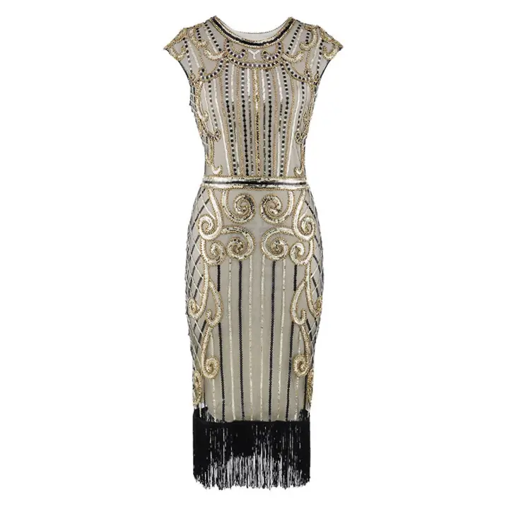 Women Fancy Dress Retro 1920s Style Flapper Dress Sequin, Round Neck, Cocktail Party Dresses with Sleeve - 1
