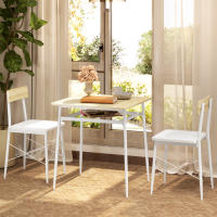HOMCOM Conjunto de Mesa y Sillas de Comedor de 3 Piezas Mesa de Cocina con 2 Sillas sin Brazos Mesa Rectangular con Estante Abierto Estructura de Acero Blanco y Roble - details 1