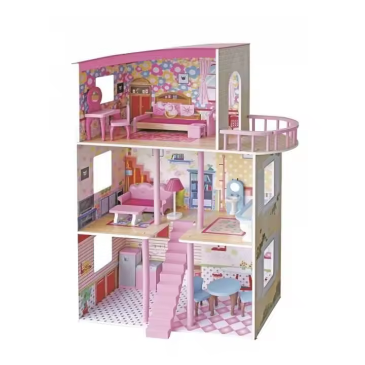 Casa de muñecas de madera de 3 plantas con mirador y 15 piezas - 1