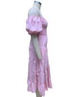 BAMBOOBOY Vestido Largo De Verano Para Mujer Hombros Descubiertos Color Sólido Manga Corta Puff Cuello Abierto A-Line Cintura Alta Midi Sundress - details 10