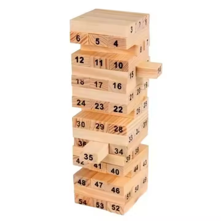 Tradineur - Juego de bloques de madera, 54 fichas numeradas, 4 dados, construcción de torre apilable, habilidad, familia, 26 x 7 cm - 1