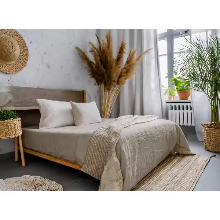 SANSY - Colcha NIA de Lino Natural Liso en color Natural con Ribete para cama de 150 HECHO EN ESPAÑA - 1