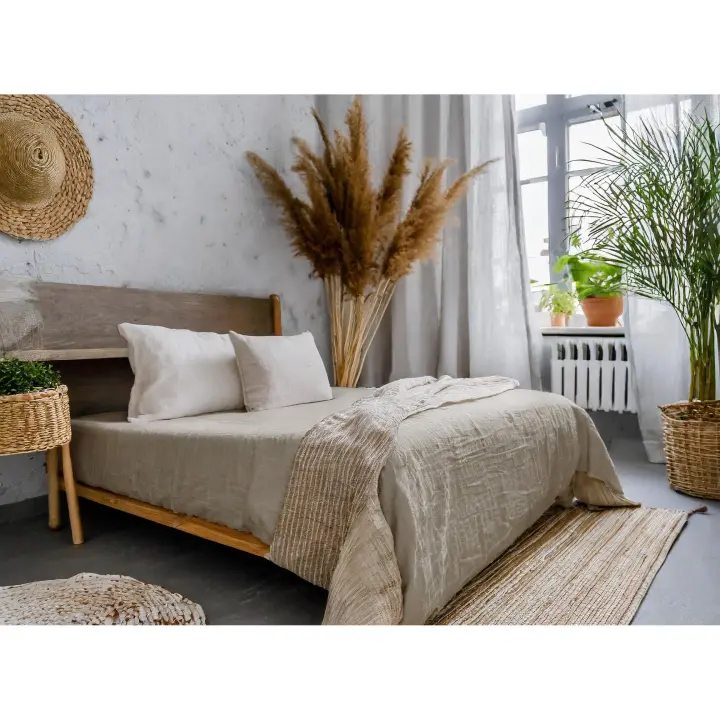 SANSY - Colcha NIA de Lino Natural Liso en color Natural con Ribete para cama de 150 HECHO EN ESPAÑA - 1