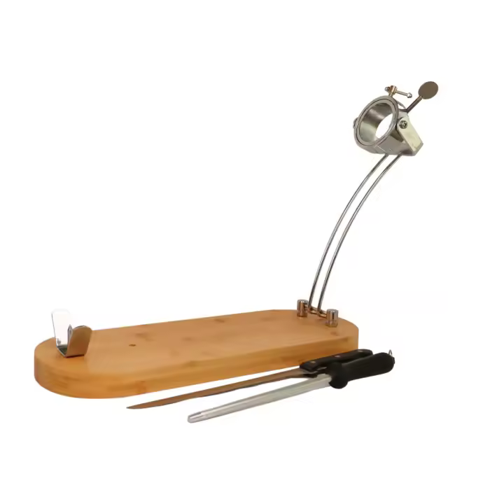 Fackelmann Set Soporte Jamonero Plegable y Giratorio de Bambú, incluye Cuchillo Jamonero Nirosta Saphir para Cortar Jamón y Chaira para Afilar Cuchillos, Cuchillo: 35x3x2,5cm, Chaira: 31x3,5x2cm - 1